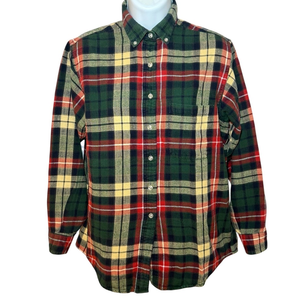 LL Bean Women's Sz 4 Plaid Flannel Button Up Shirt Long Sleeve Green Red Yellow